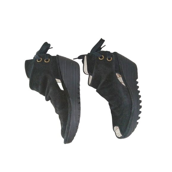 Fly London Yema Booties Women's Size 7.5 Black Suede Peep Toe Heel Tie Wedge - Picture 5 of 10